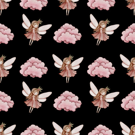 Seamless Pattern Cute Pink Cloud and Fairy Small Design on Black Backgroundの写真素材
