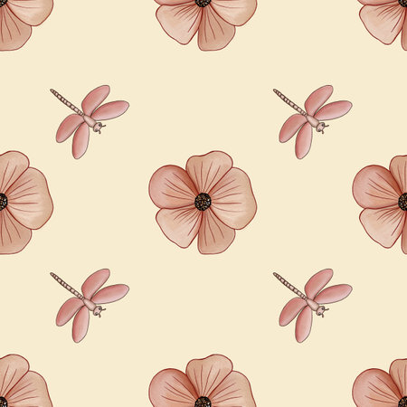 Seamless Pattern Cute Pink Flower and Dragonfly Big Design on Pastel Yellow Backgroundの写真素材