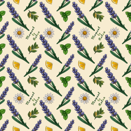 Seamless Pattern Moment to Relax Lavender and Lemon Slice with Chamomile and Tea Leaves Big Design on Pastel Yellow Backgroundの写真素材