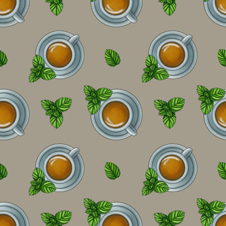 Seamless Pattern Mint Tea with Fresh Mint Small Design on Pastel Gray Backgroundの写真素材