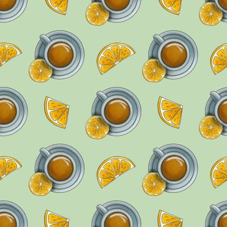 Seamless Pattern Tea with Lemon and Slice Lemon Small Design on Pastel Green Backgroundの写真素材