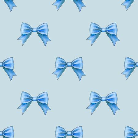 Seamless Pattern Blue Bow on Pastel Blue Backgroundの写真素材