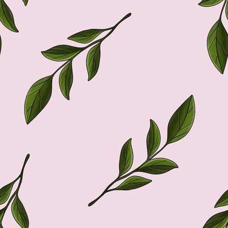 Seamless Pattern Elegant Green Leaves Big Design on Pastel Pink Backgroundの写真素材