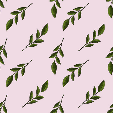 Seamless Pattern Elegant Green Leaves Small Design on Pastel Pink Backgroundの写真素材