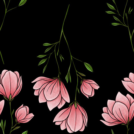 Seamless Pattern Magnolia Flower Line Branch Big Design on Black Backgroundの写真素材