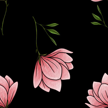 Seamless Pattern Stylish Magnolia Floral Big Design on Black Backgroundの写真素材
