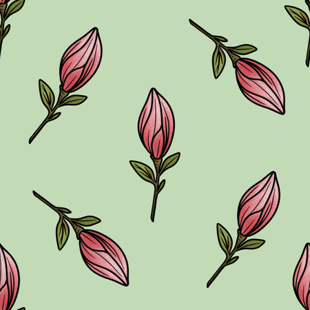 Seamless Pattern Magnolia Bud Big Design on Pastel Green Backgroundの写真素材