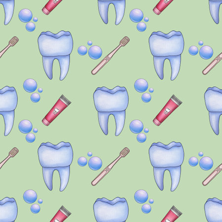 Seamless Pattern Blue Kawaii Tooth and Toothpaste with Toothbrush and Bubble Small Design on Pastel Green Backgroundの写真素材