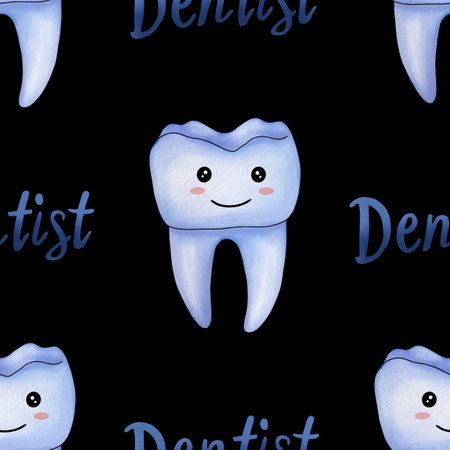 Seamless Pattern Blue Kawaii Tooth and Text Dentist Big Design on Black Backgroundの写真素材