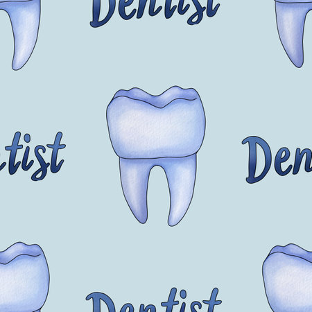 Seamless Pattern Blue Tooth and Text Dentist Big Design on Pastel Blue Backgroundの写真素材