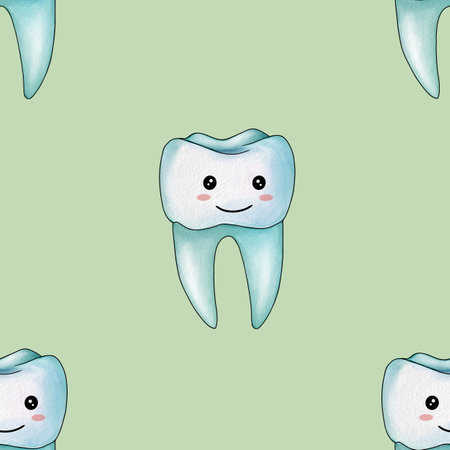 Seamless Pattern Mint Kawaii Tooth Big Design on Pastel Green Background
