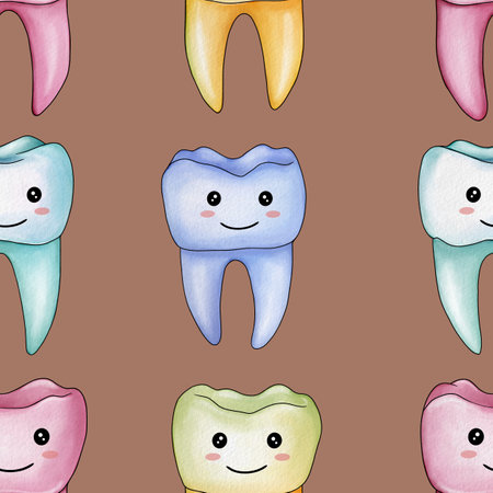 Seamless Pattern Pastel Kawaii Tooth Big Design on Mocha Mousse Background