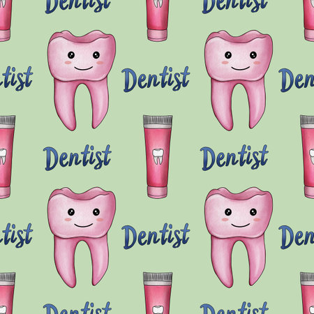 Seamless Pattern Pink Kawaii Tooth and Toothpaste with Text Dentist Small Design on Pastel Green...