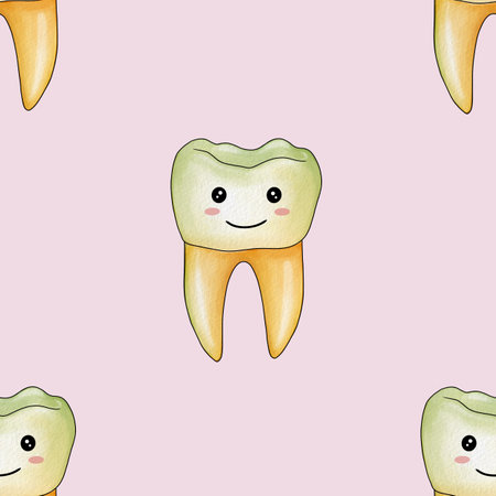 Seamless Pattern Yellow Kawaii Tooth Big Design on Pastel Pink Backgroundの写真素材