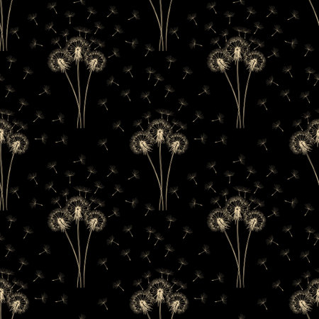 Seamless Pattern Milk Dandelions Big Design and Flying Seed on Black Backgroundの写真素材