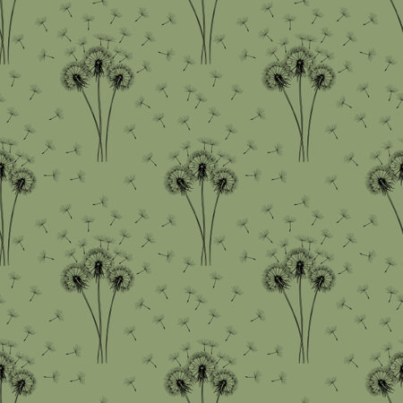 Seamless Pattern Dandelions Small Design and Flying Seed on Pastel Green Backgroundの写真素材