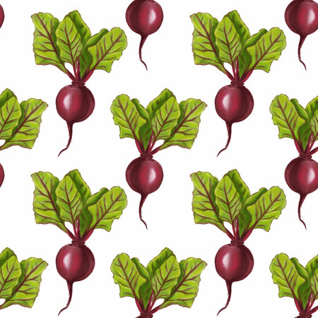 A seamless pattern featuring vibrant red beetroots with green leaves on a white background. The beetroots are round and glossy, while the leaves are large and textured, creating a fresh and organic look.の写真素材