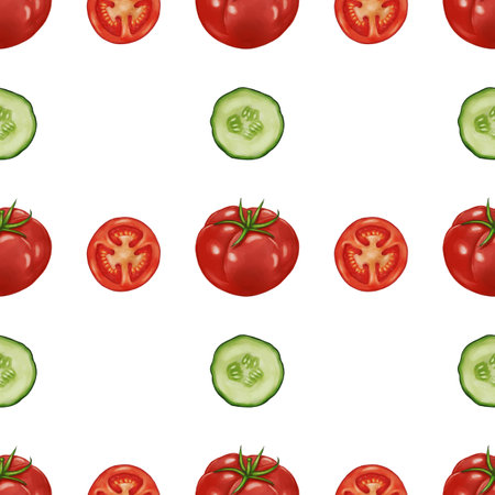 A seamless pattern featuring red tomatoes and green cucumber slices on a white background. The design is vibrant and fresh, ideal for food-related themes.の写真素材