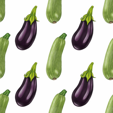 A seamless pattern featuring illustrations of eggplants and zucchinis on a white background. The eggplants are dark purple with green tops, while the zucchinis are light green.の写真素材