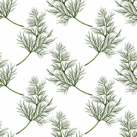 A seamless pattern featuring delicate green dill leaves on a white background, showcasing intricate details of the foliage.の写真素材