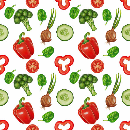 A seamless pattern featuring various vegetables including red bell peppers, broccoli, cucumbers, green onions, spinach leaves, and sliced tomatoes on a white background.の写真素材