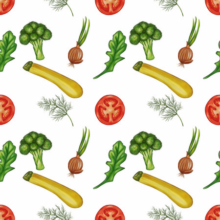 A seamless pattern featuring various vegetables including broccoli, tomatoes, zucchini, green onions, and dill, arranged in a visually appealing layout on a white background.の写真素材