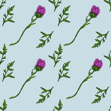 A seamless pattern featuring purple flowers are stylized with a delicate appearance, surrounded by various leaf shapes on blue pastel background.の写真素材