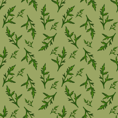 A seamless pattern featuring various green leaves and branches on a green background. The design showcases a mix of leaf shapes and sizes, creating a natural look.の写真素材