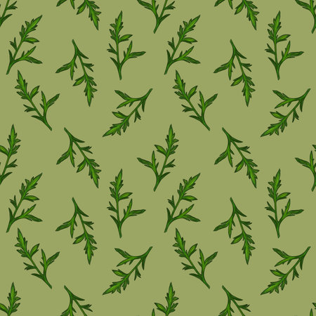 A watercolor seamless pattern featuring green leaves are intricately designed, showcasing various on a green background.の写真素材