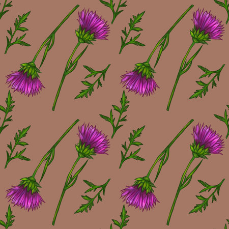 A seamless pattern featuring purple thistle flowers are depicted with vibrant petals and slender stems and green leaves on a Mocha Mousse background.の写真素材