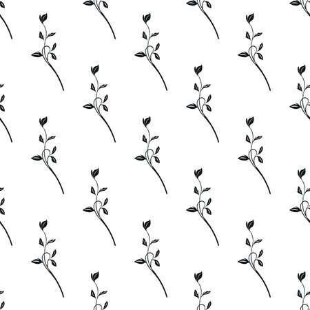 A vector seamless pattern featuring delicate black outlines of slender branches with small leaves on a white background. The design is minimalistic and elegant, suitable for various applications.のイラスト素材