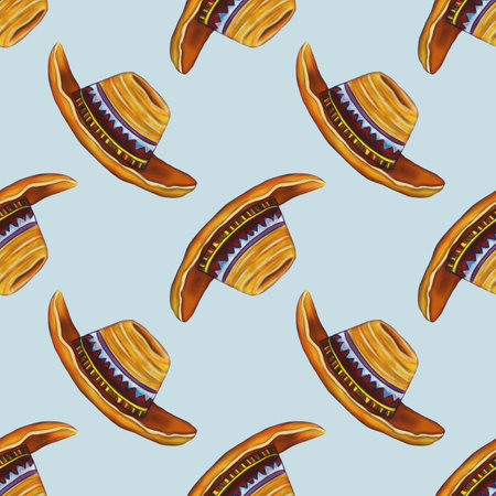 A repeating pattern of colorful sombrero hats on a Pastel Blue background. The hats are illustrated with vibrant colors and decorative bands, creating a festive look.の写真素材
