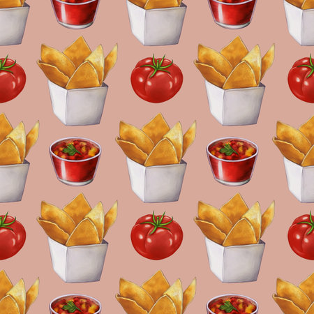A repeating pattern featuring white takeout boxes filled with crispy tortilla chips, red tomatoes, and small bowls of salsa. The design is colorful and appetizing a Pastel Green background.の写真素材
