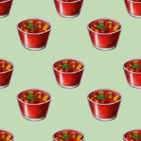 A repeating pattern of red dessert cups filled with a colorful fruit mixture, garnished with mint leaves, set against a Pastel Green background.の写真素材