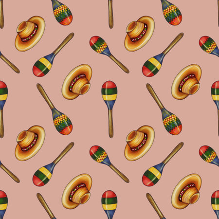 A seamless pattern featuring colorful maracas and sombreros on a Pastel Green background. The maracas are decorated with vibrant colors, and the sombreros have a traditional design.の写真素材