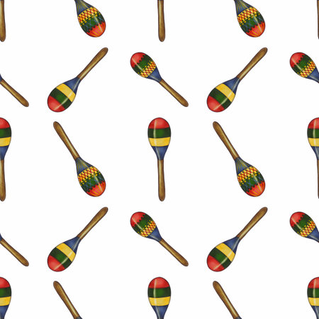 A seamless pattern of colorful maracas on a white background. The maracas feature vibrant colors including red, green, yellow, and blue, arranged in a playful layout.の写真素材