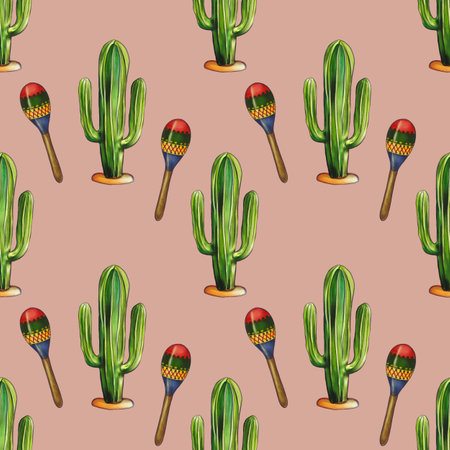 A colorful pattern featuring green cacti and maracas on a Pastel Green background. The cacti are tall with distinct green stripes, while the maracas are decorated with vibrant colors.の写真素材