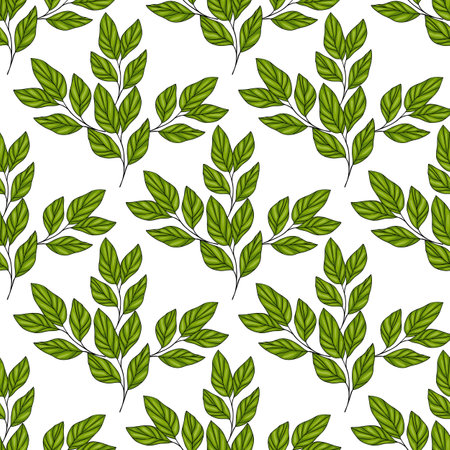 A vector seamless pattern featuring green leaves on a white background, showcasing various leaf shapes and sizes, ideal for textile or wallpaper design.のイラスト素材