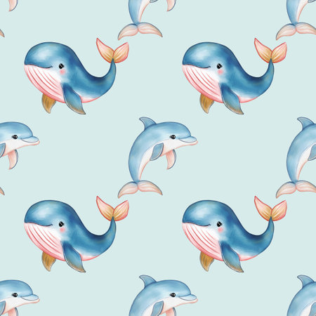 A whimsical watercolor glitter pattern featuring cute, cartoon-style whales and dolphins on a light blue background. The whales are depicted in shades of blue with pink accents.の写真素材