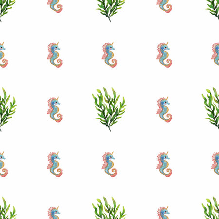 A seamless watercolor glitter pattern featuring colorful seahorses and green seaweed on a white background, ideal for fabric or wallpaper design.の写真素材
