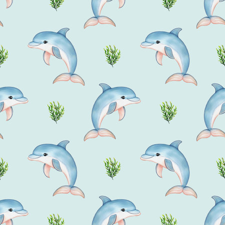 A seamless watercolor glitter pattern featuring playful dolphins swimming among green seaweed on a light blue background. The dolphins are illustrated in a cute, cartoonish style.の写真素材