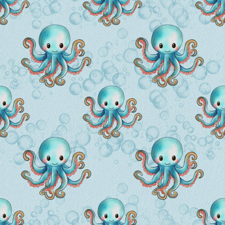 A whimsical watercolor glitter pattern featuring cute, cartoon-style octopuses with big eyes and colorful tentacles, set against a light blue background with bubbles.の写真素材