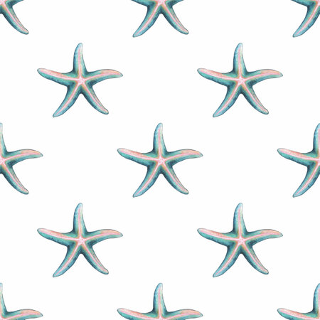 A seamless watercolor glitter pattern featuring colorful starfish on a white background. The starfish are illustrated with shades of blue and pink, creating a vibrant coastal theme.の写真素材