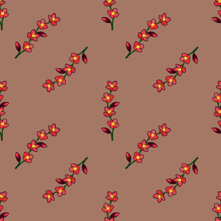 A seamless pattern featuring red and yellow flowers on a brown background. The design showcases floral elements arranged in a balanced manner, ideal for textiles or wallpapers.の写真素材