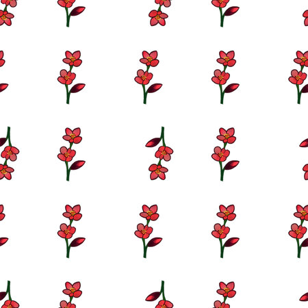 A seamless pattern featuring small red flowers with green stems on a white background. The design is repetitive and vibrant, suitable for textiles or wallpapers.の写真素材
