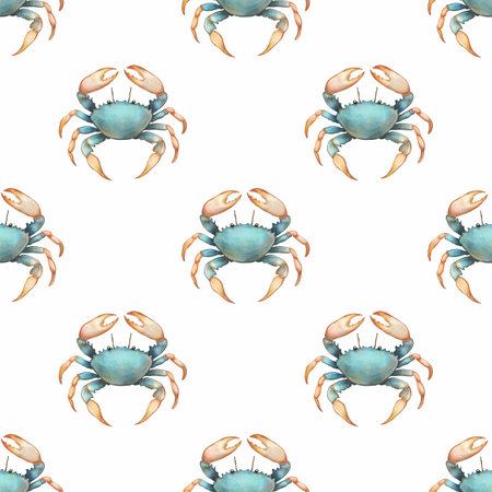 A seamless watercolor glitter pattern featuring illustrated blue crabs on a white background. The crabs are depicted with detailed features, showcasing their claws and body in a playful arrangement.の写真素材