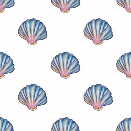 A seamless watercolor glitter pattern featuring colorful seashells with blue and pink hues on a white background.の写真素材