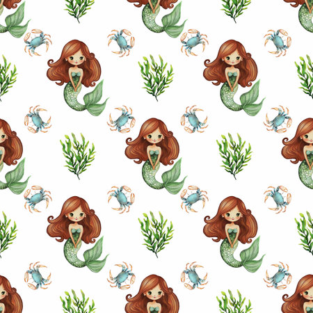 A whimsical watercolor pattern featuring mermaids with long brown hair, crabs, and green seaweed. The design is playful and colorful, suitable for children's decor or fabric.の写真素材