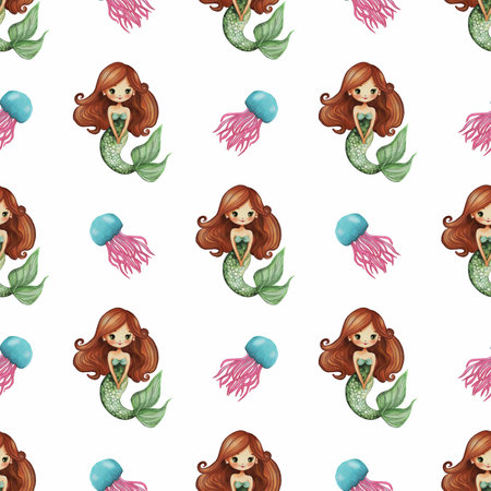 A whimsical watercolor glitter pattern featuring cute mermaids with long hair and colorful jellyfish on a white background. The mermaids have green tails and are smiling, creating a playful.の写真素材