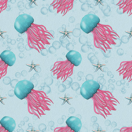 A vibrant watercolor glitter pattern featuring jellyfish with teal tops and pink tentacles, surrounded by bubbles and starfish on a light blue background.の写真素材